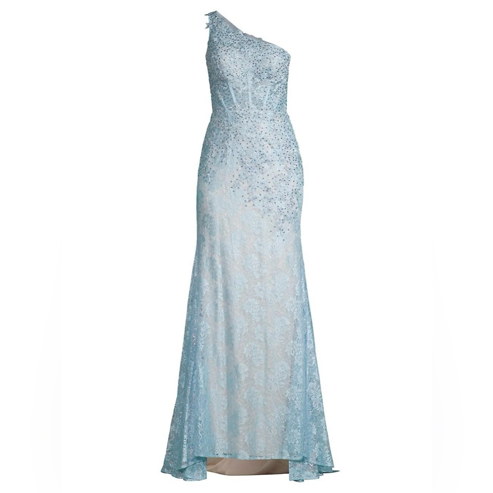 Mac Duggal one shoulder blue sequin long dress 14